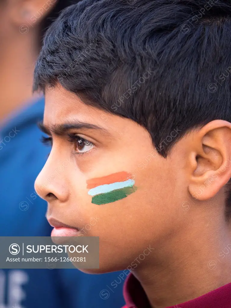 Boy with Indian flag tattoo on cheek, New Delhi, India