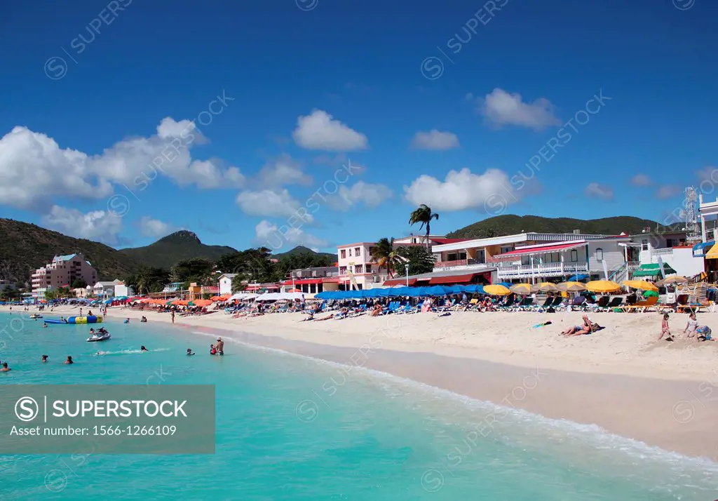 A beautiful beach along the harbor in the port city Phillipsburg, St  Martin, DWI