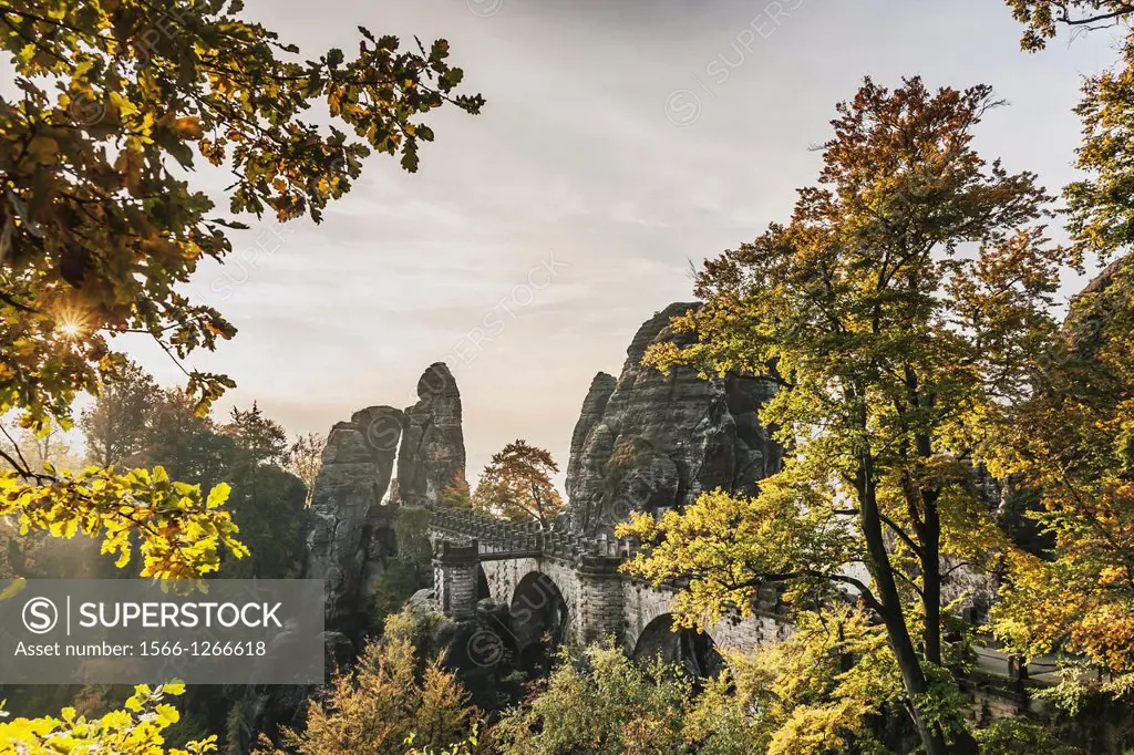 Spectacular rock formation Bastei (Bastion) and Bastei Bridge. It is one of the most visited tourist attractions in the Saxon Switzerland, municipalit...