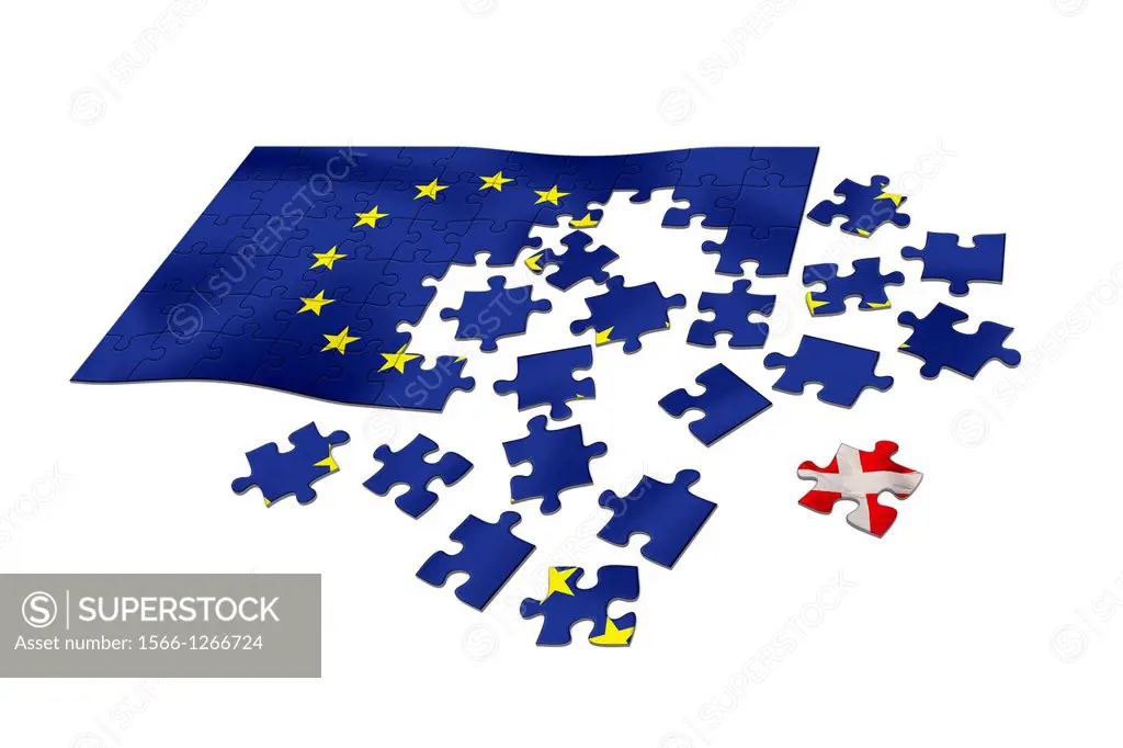 EU flag as puzzle with Danish flag Dannebrog as a distant piece.