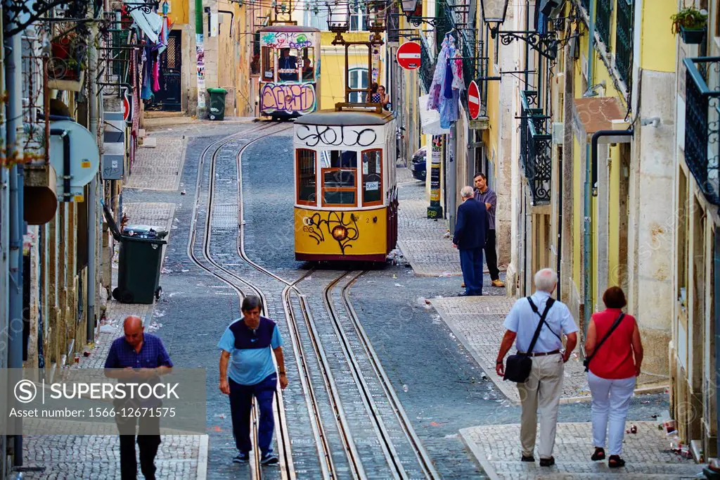 Portugal, Lisbon, Bica funicular in Bairro Alto area.