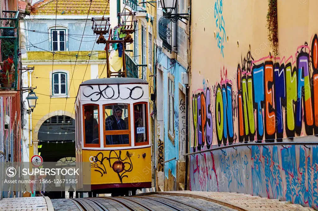 Portugal, Lisbon, Bica funicular in Bairro Alto area.