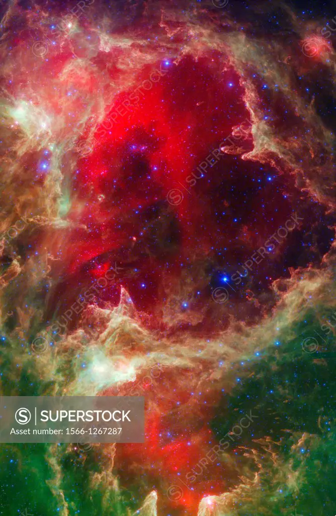 Generations of stars can be seen in this infrared portrait from NASA's Spitzer Space Telescope. In this wispy star-forming region, called W5, the olde...
