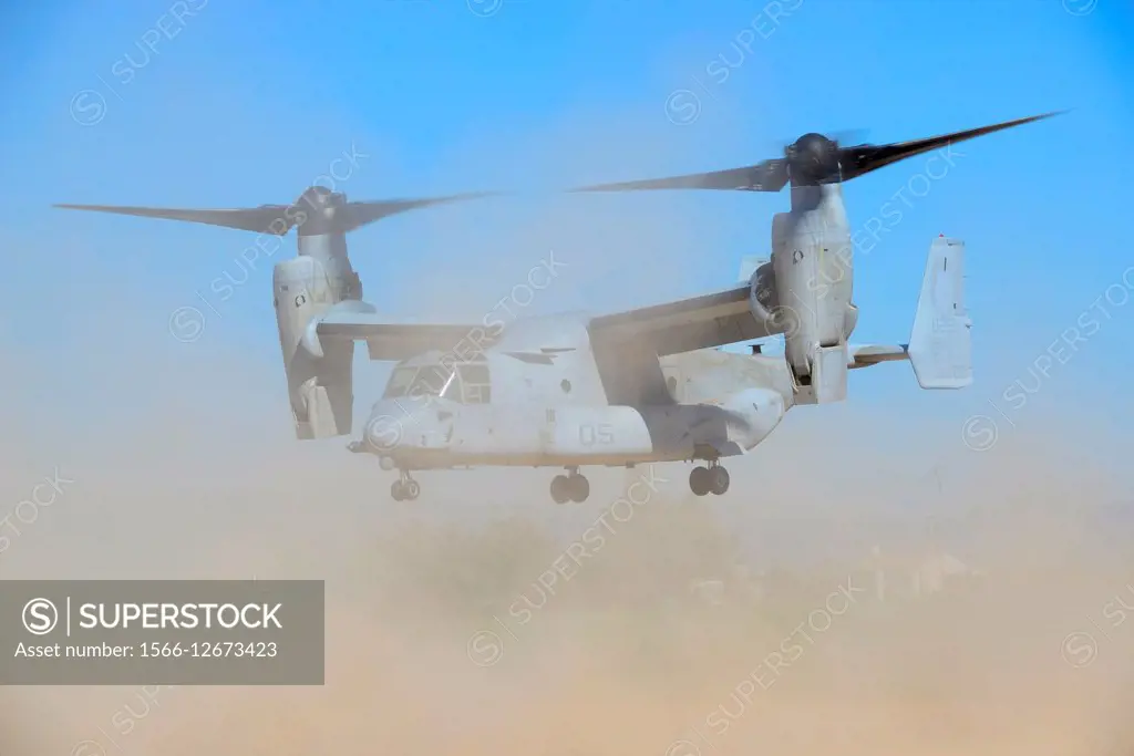 Vertical takeoff military aircraft V-22 Osprey, in a mock chemical catátrofe in the town of Daimiel, Spain.