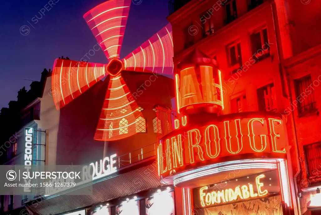 Paris, France, Montmartre Theatre LE MOULIN ROUGE CABARET, Night.