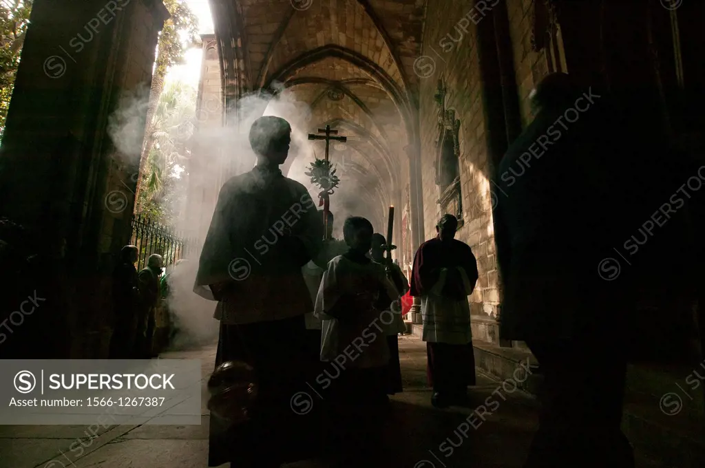 Altar boys and cardinals walk to the blessing of the palms in Barcelona Cathedral, Spain.