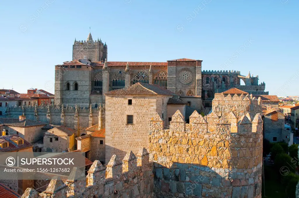 Cathedral viewed from the city walls. Avila, Castilla Leon, Spain.
