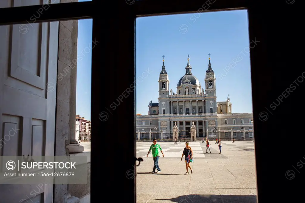 Cathedral of Santa María la Real de La Almudena and courtyard of Royal Palace, Madrid, Spain.