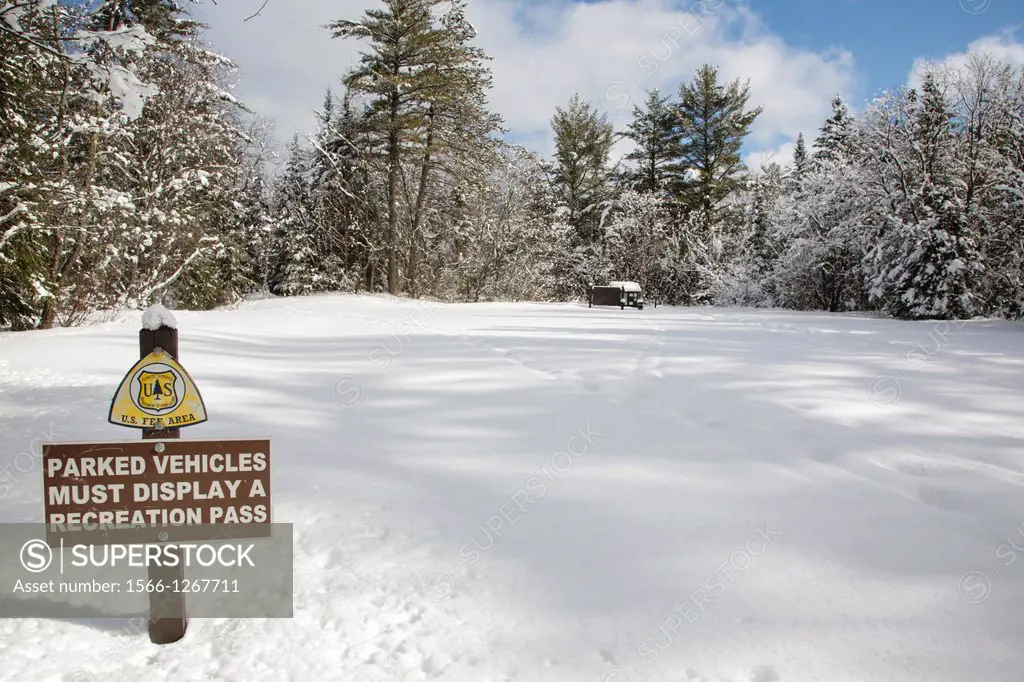 Sawyer Pond Trailhead along the Kancamagus Scenic Byway in the White Mountains, New Hampshire USA during the winter months