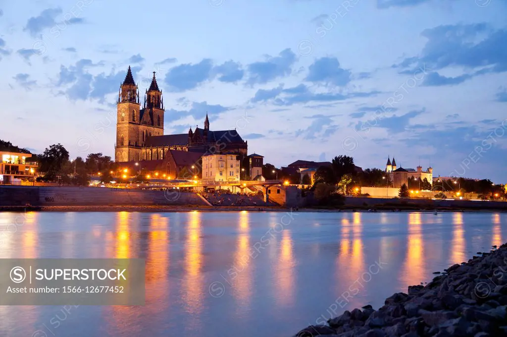 Elbe river and the Cathedral of Magdeburg at night, Magdeburg, Saxony- Anhalt, Germany.