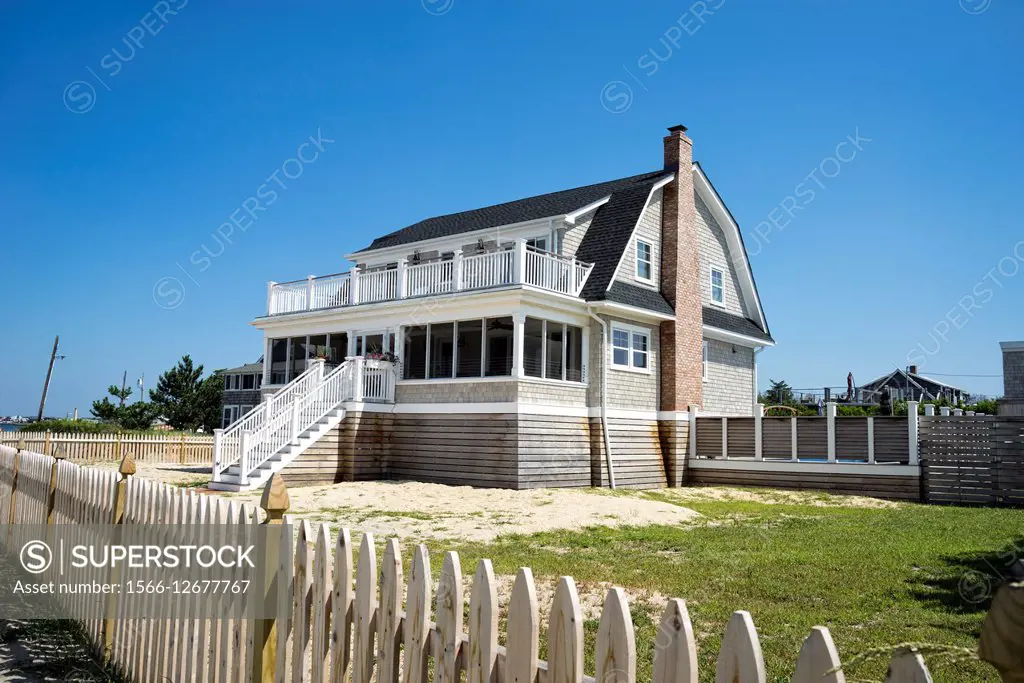 A home built on stilts to avoid storm and hurricane damage. Ocean Beach, Fire Island, Long Island, New York.