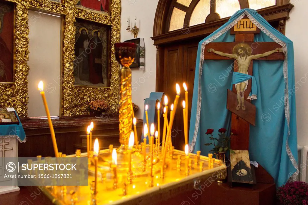 Burning Candles Before image of Jesus at Mychaylivska Church, Zhytomyr Ukraine. Europe