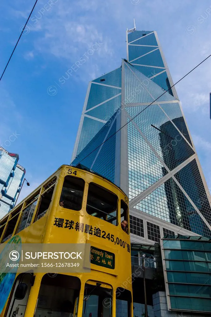 The Bank of China Tower and Tram, Hong Kong, China.