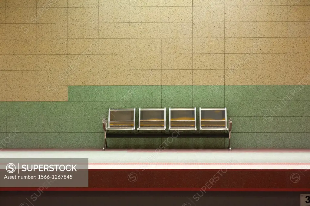 Sofia, Bulgaria. Seats for commuters on a platform in a subway station.