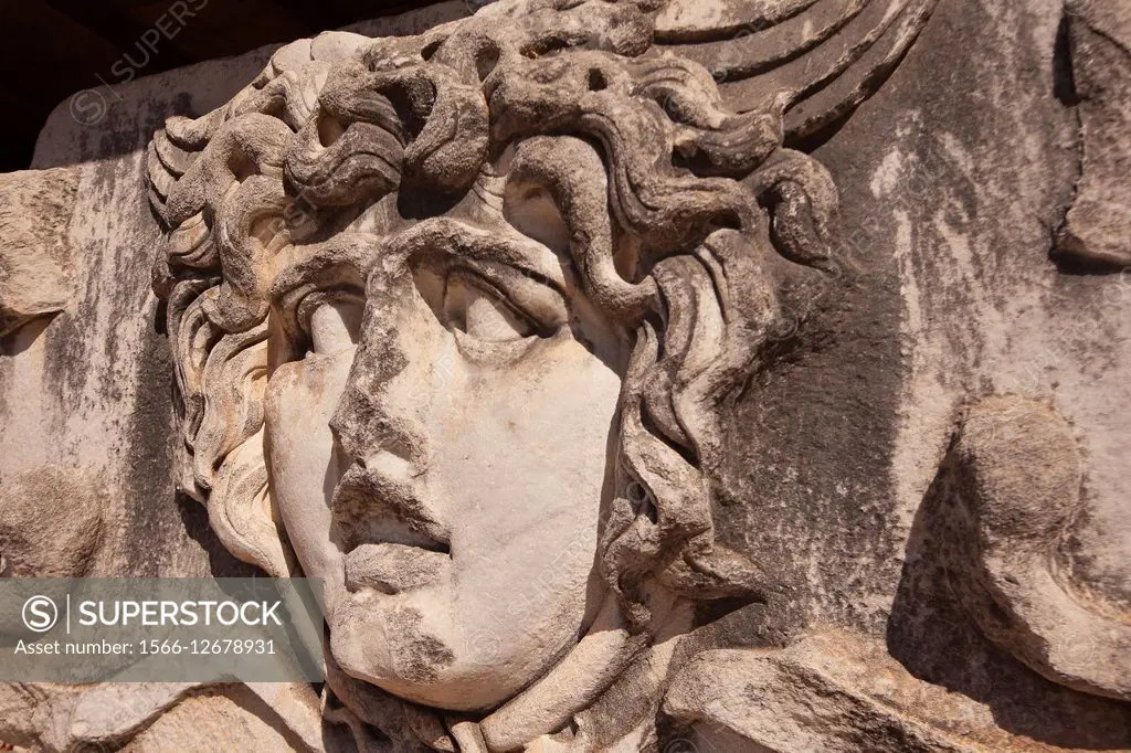 Medusa head in the Temple of Apollo at the Archeological area of Didim, Didyma, Aydin Province, Turkey, Europe.