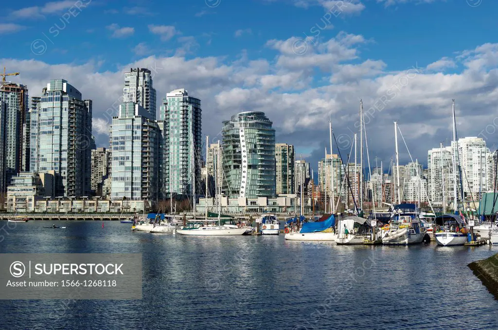 Marina in false creek and the skyline of the Vancouver Condos on sunny day.Vancouver,British Columbia