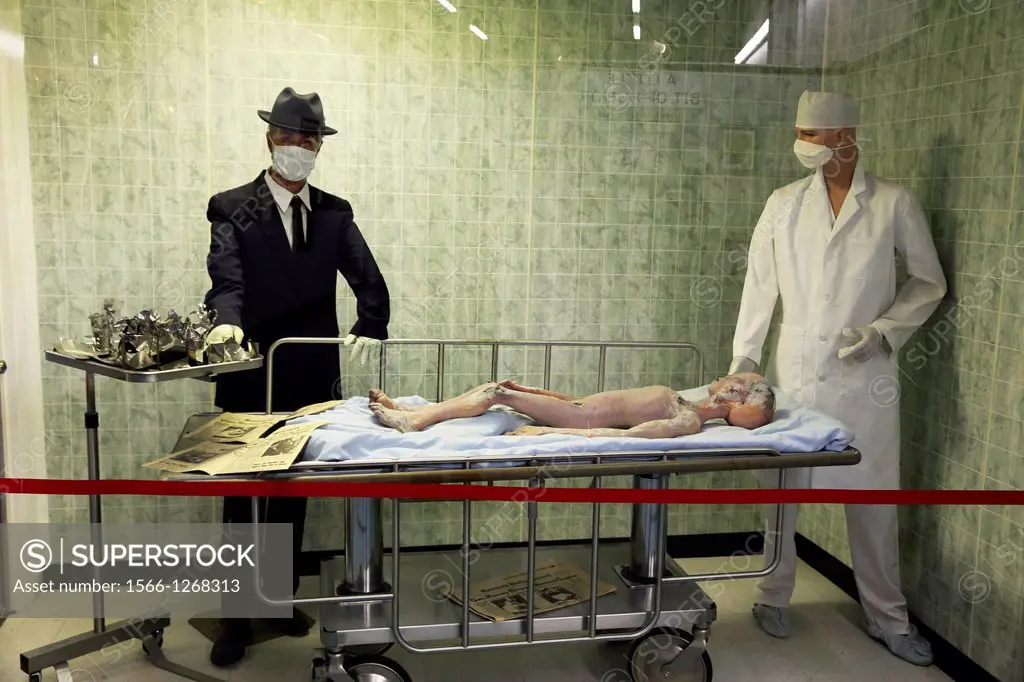 The diorama of examination of an Alien during the Roswell Incident display in International UFO Museum and Research Center. Roswell. New Mexico. USA