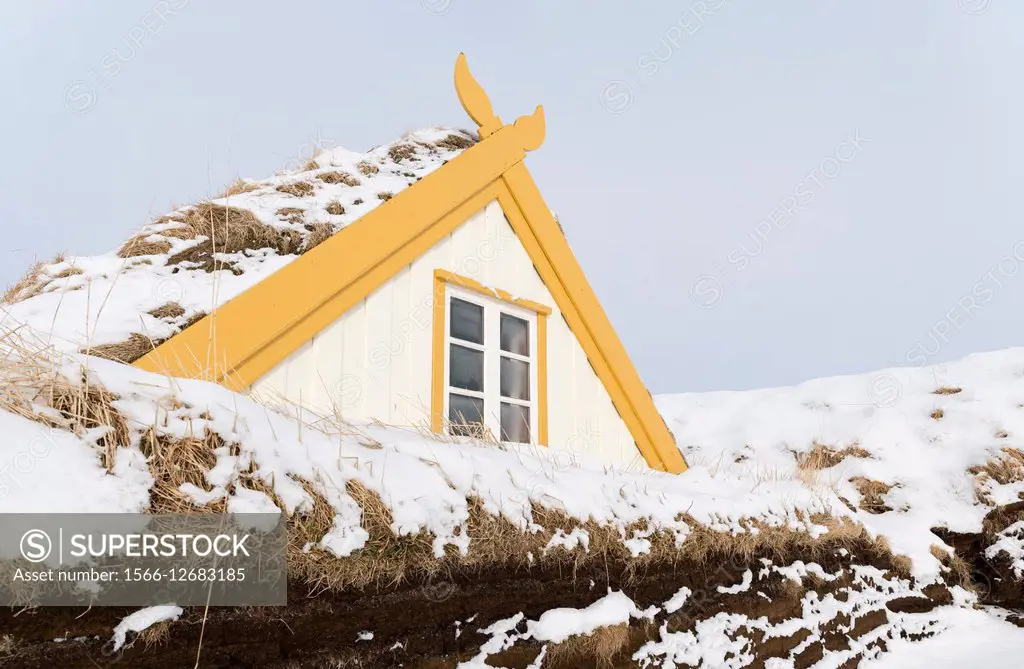 Glaumbaer open air museum during winter, historic and traditional houses with sod roofs. europe, northern europe, iceland, March.