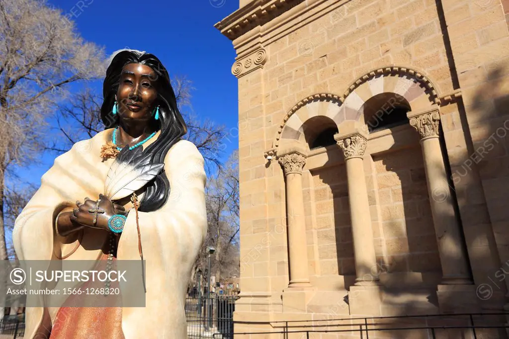 The statue of Kateri Tekakwitha a Native American Roman Catholic saint in front of the Cathedral Basilica of St. Francis of Assisi. Santa Fe. New Mexi...