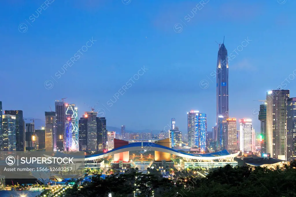 Shenzhen, China - August 27,2015: Shenzhen cityscape at dusk with the Civic Center and the Ping An IFC on foreground.