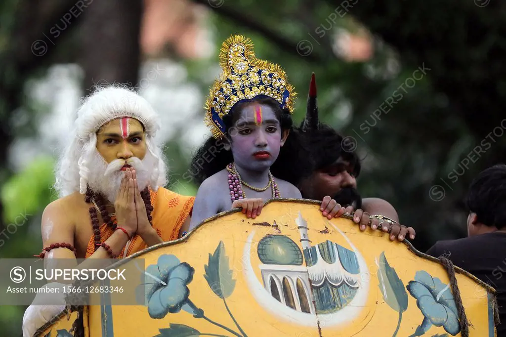 Dhaka 05 September 2015. Bangladeshi child dressed as the Hindu god Lord Krishna wait in queue at a temple on the occasion of ´Janmashtami´ in Dhaka. ...