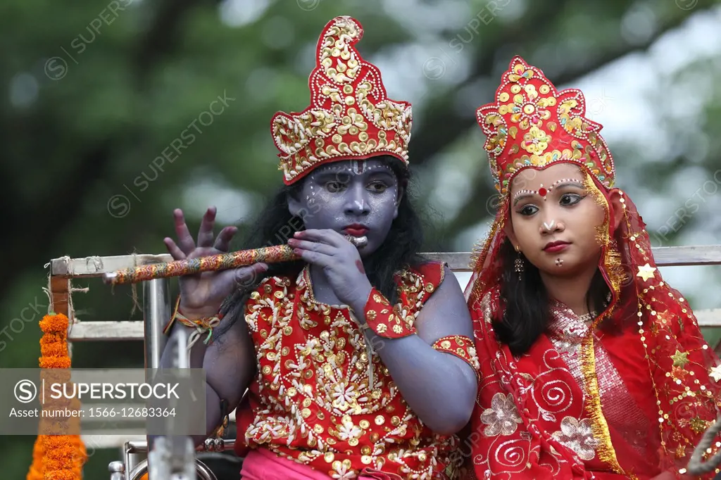Dhaka 05 September 2015. Bangladeshi child dressed as the Hindu god Lord Krishna wait in queue at a temple on the occasion of ´Janmashtami´ in Dhaka. ...