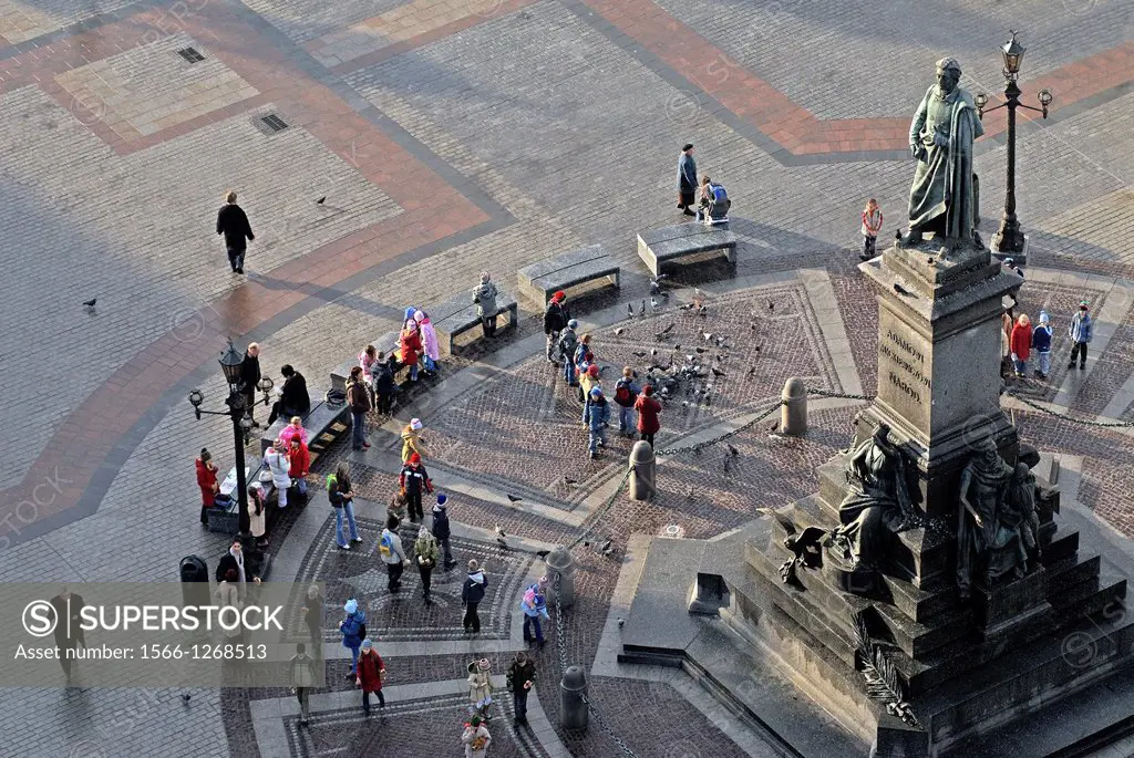 Mickiewicz statue seen from the top of St. Mary´s Basilica´s tower, Krakow, Poland, Central Europe