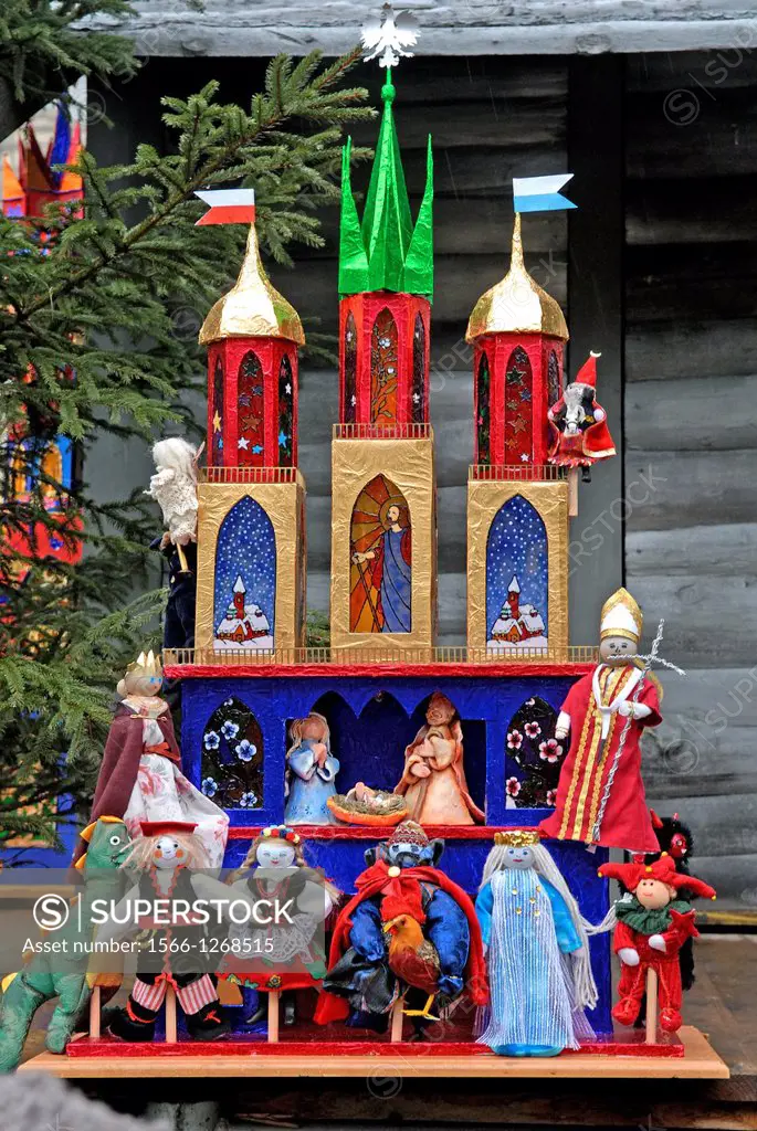 a competition and annual exhibition of Christmas cribs stand on the Main market square, Krakow, Poland, Central Europe