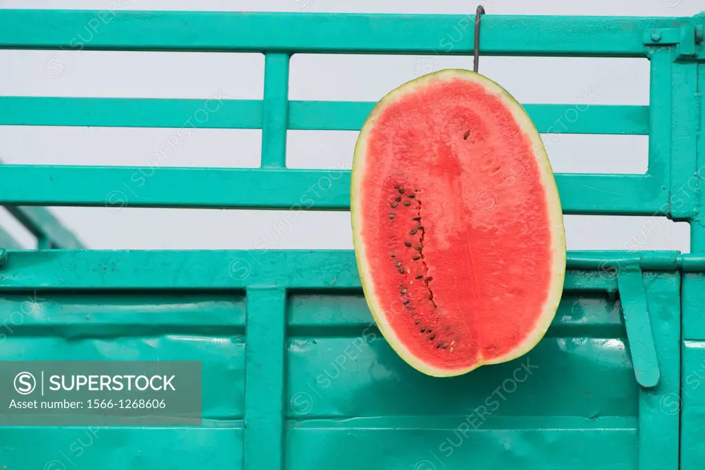 Watermelon sliced and stacked up at Lo Valledor central wholesale produce market in Santiago, Chile