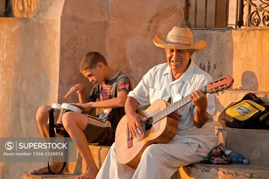 street musician Emerito Escalante Ramos in the old town of Trinidad, Cuba, Caribbean