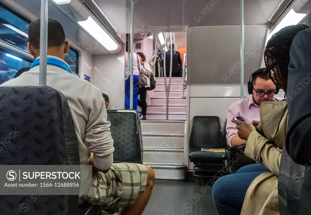 Paris, France, People inside RER Metro Subway Train.