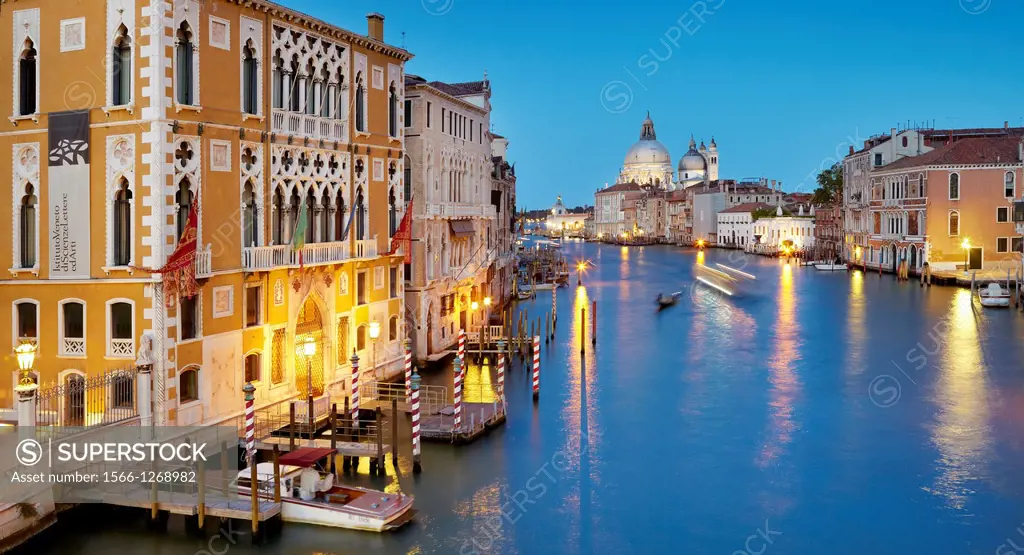 Venice - Canal Grande by night (Grand Canal), view from Accademia Bridge to Basilica Santa Maria della Salute, Venice, Italy, UNESCO.