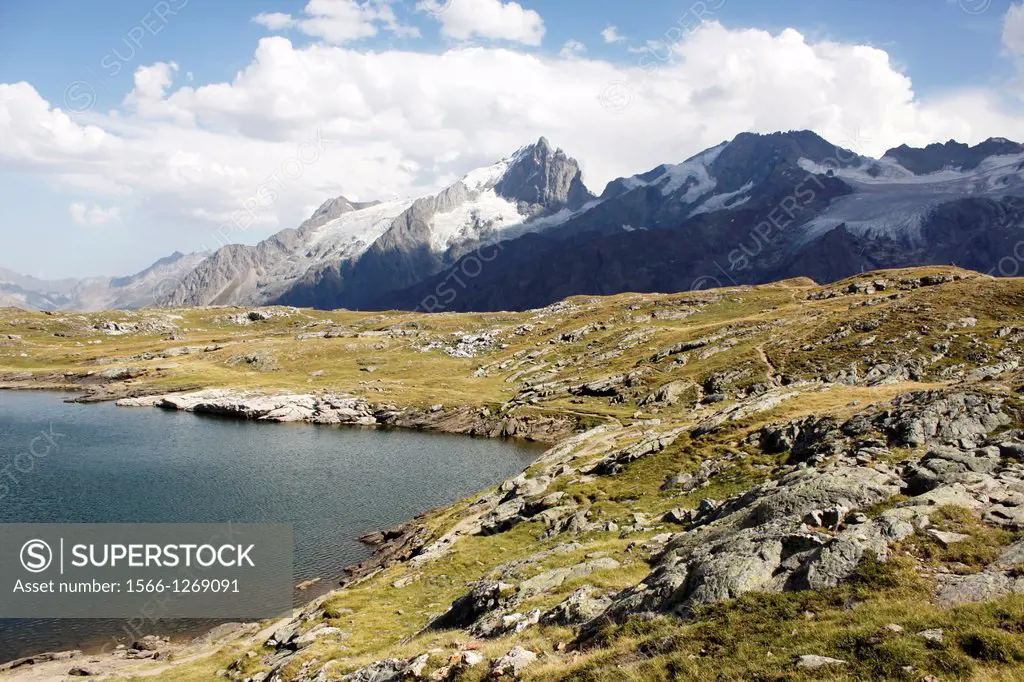 Hiking on the plateau of Emparis, Lac noir 2431m, Massif de l'Oisans, near the natural park of les Ecrins, Isère, Rhône-Alpes, France.