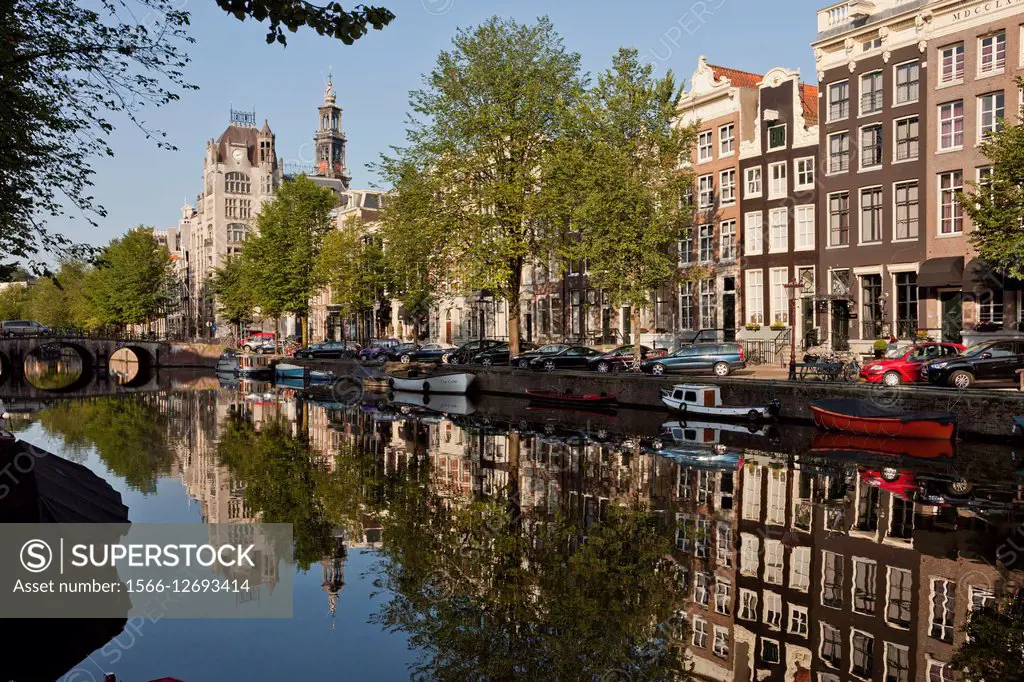 typical Town canal in Amsterdam, North Holland, The Netherlands, Europe.