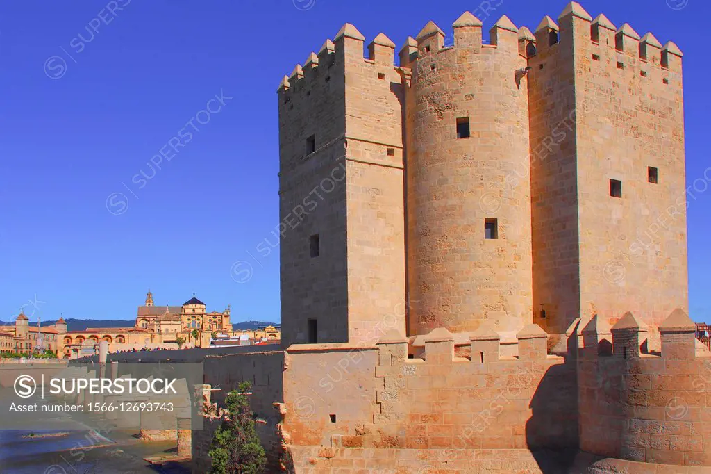 The Great Mosque, the Roman bridge over the Guadalquivir river and the Calahorra Moorish tower, Cordoba, Andalusia, Spain