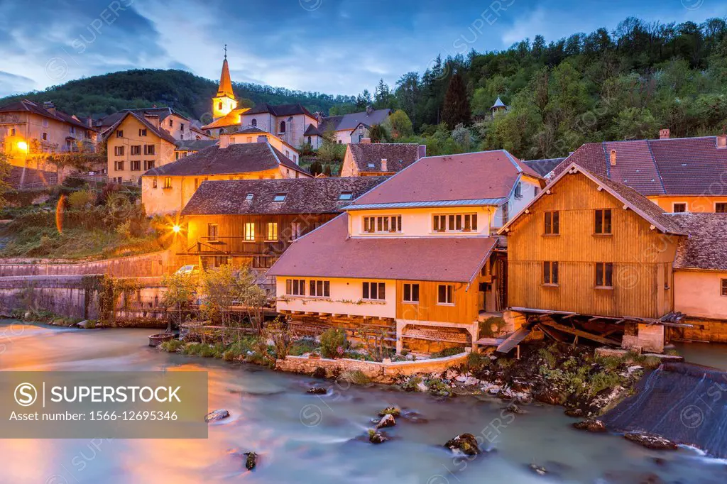 Village over River Loue, Lods, Franche-Comté, France, Europe.