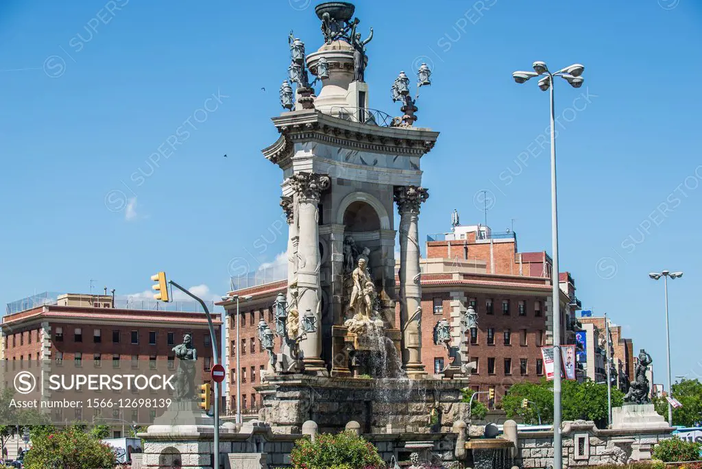 Fountain at Spain Square - Plaza de Espana, one of the main squares in Barcelona, Spain.
