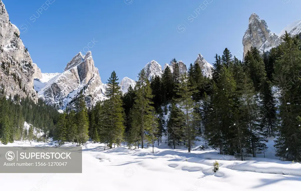Rosengarten also called Catinaccio mountain range in the Dolomites of South Tyrol Alto Adige in winter  The Tschamin Valley also called Ciares in deep...