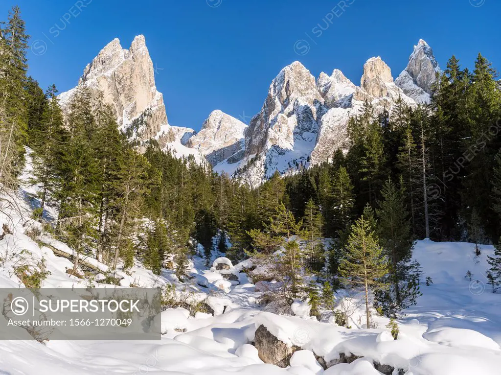 Rosengarten also called Catinaccio mountain range in the Dolomites of South Tyrol Alto Adige in winter  The Tschamin Valley also called Ciares in deep...