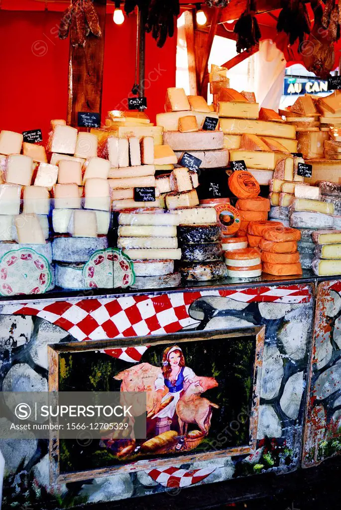 Paris, France, Shopping, French Delicatessan Shop at Christmas Market Outside Night. Detail French CHeeses.