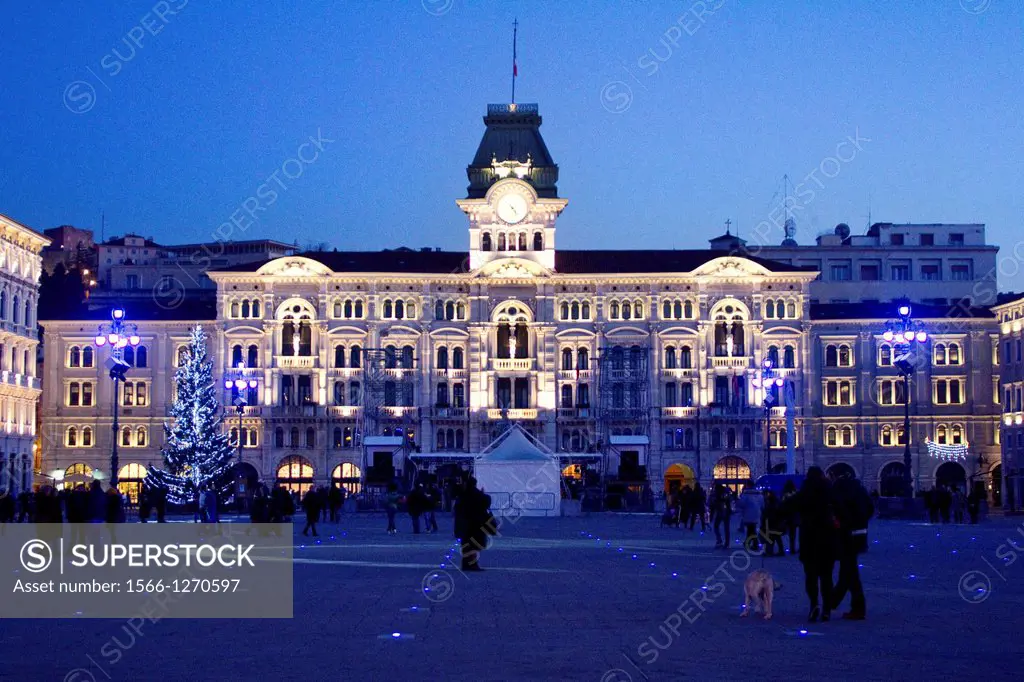 Piazza square Trieste by night blue lights north Italy Europe
