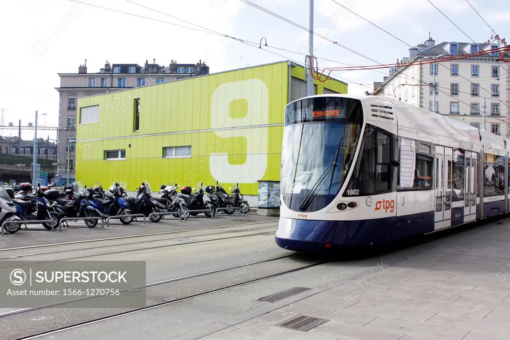 Association frontline reducing drug-related harm and tramway, Cornavin, City of Genève, Switzerland.