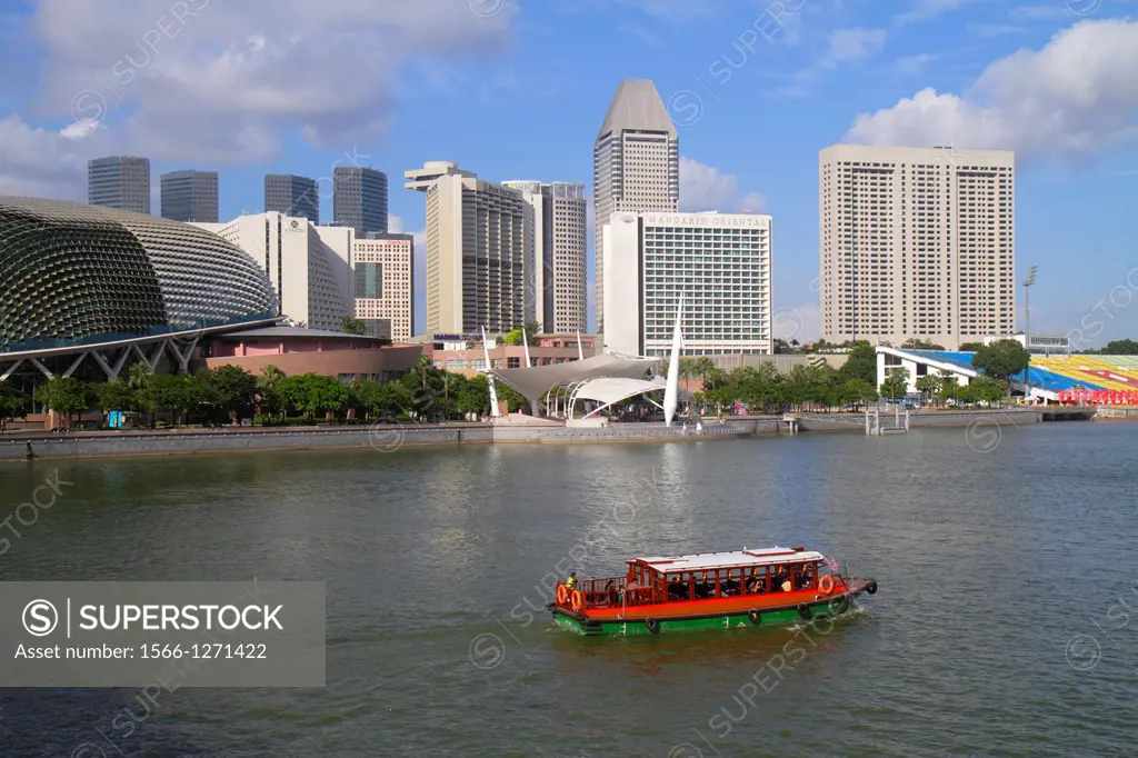 Singapore, Singapore River, Marina Bay, Esplanade Theatres on the Bay, theatre, outdoor theater, water taxi, cruise boat, Marina Promenade, The Ritz-C...