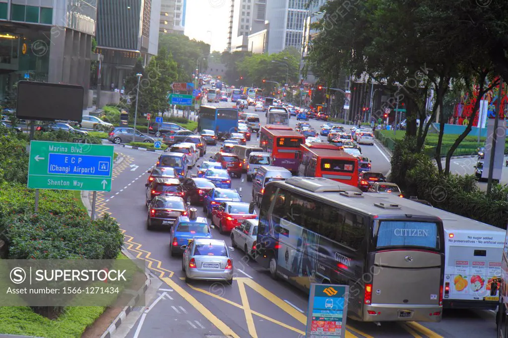 Singapore, Collyer Quay, traffic, cars, automobiles, buses, motor coaches, downtown,
