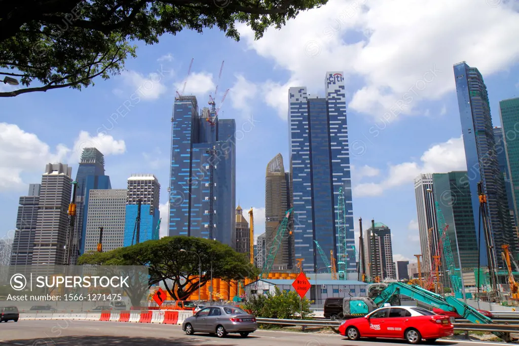 Singapore, East Coast Parkway, ECP, city skyline, financial district, skyscrapers, under construction, buildings, Asia Square North South Tower,
