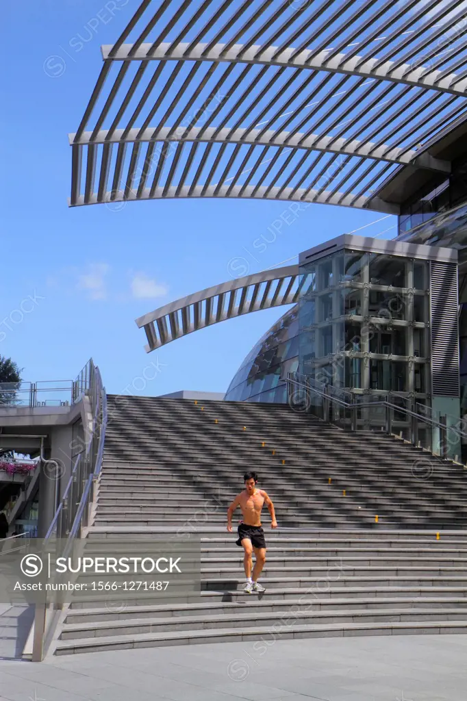 Singapore, The Shoppes at Marina Bay Sands, Asian, man, shirtless, steps, running down, jogging, design, architecture,