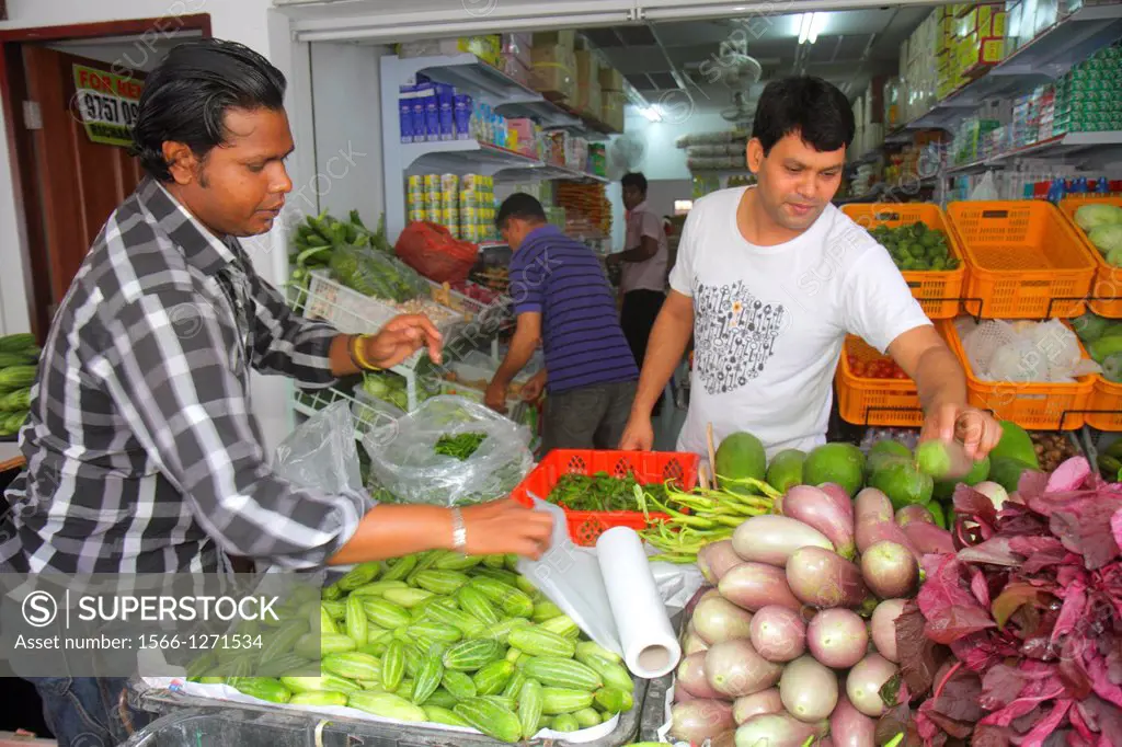 Singapore, Little India, Asian, man, produce vendor, market, cucumbers, eggplant, shopping,