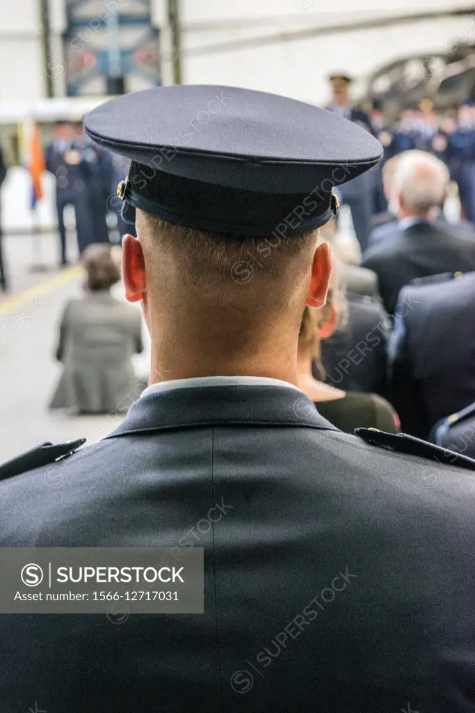 Gilze-Rijen, Netherlands. Air force officer and gentleman listening to a speecht during a military ceremony, in which the new base commander is instal...