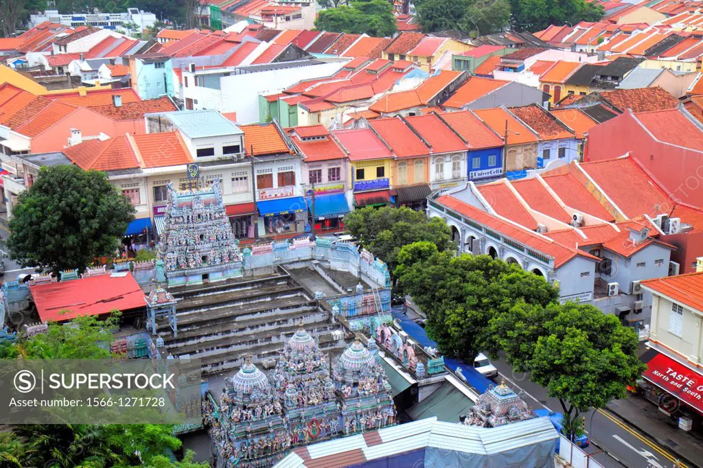 Singapore, Little India, aerial, Sri Veeramakaliamman Temple, Hindu, two-story, storey, shophouses, shophouse, red clay tile roofs, roof,