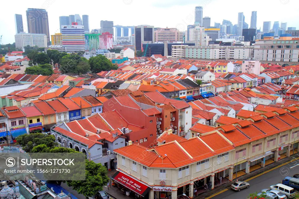 Singapore, Little India, aerial, Sri Veeramakaliamman Temple, Hindu, two-story, storey, shophouses, shophouse, red clay tile roofs, roof, skyscrapers,...